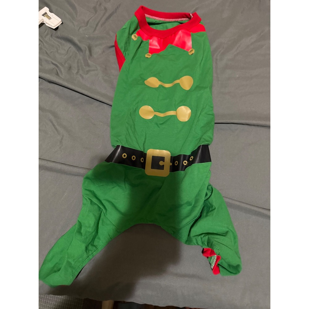 Green Elf Christmas Pet‎ Costume Pajamas Holiday Dog Outfit Red Trim